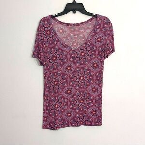 Mudd Women’s Stretch Rayon Pink Blue V-neck Print Top T-shirt Size M